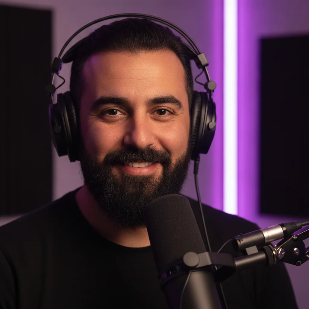 Гость подкаста у микрофона